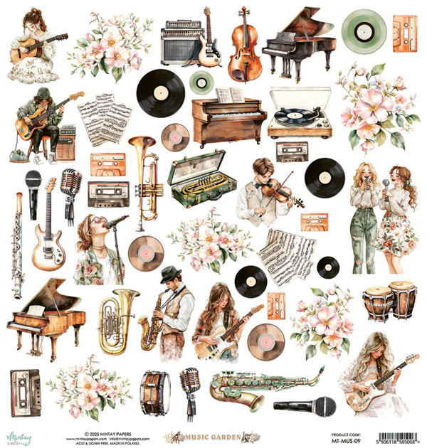 Mintay Papers - 12 x 12 Double Sided Paper - Music Garden (MT-MUS-09)

Music Garden is a warm and romantic collection that blends the love of music with the charm of a blooming garden.  It takes us to a world where melodies float through the air, and the sound of instruments harmonizes with the rustling of leaves and the scent of flowers.  This collection features a beautiful variety of musical elements paired with delicate florals.  It’s perfect for music lovers, performers, and those who cherish the magic of sound.  While it’s awesome for projects celebrating musical moments, its soft and versatile aesthetic makes it a wonderful choice for many different occasions.  Acid and lignin free.