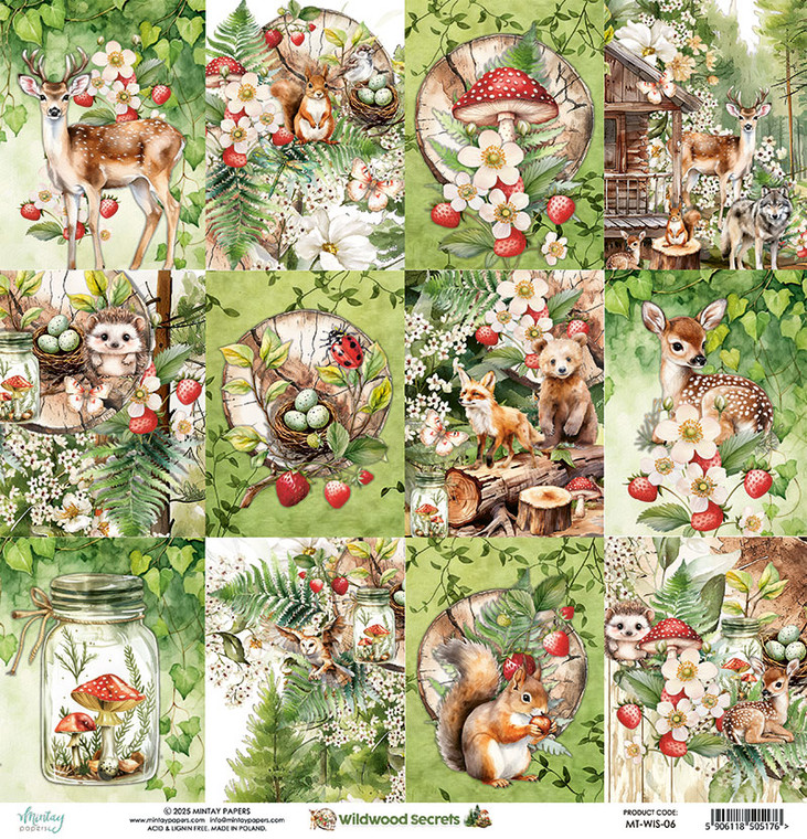 Mintay Papers - 12 x 12 Double Sided Paper - Wildwood Secret (MT-WIS-06)

Wildwood Secrets is a collection full of the magic of deep forests, where sunlight dances through the treetops, moss softly carpets the ground, and adorable woodland creatures, wild strawberries, and tiny mushrooms hide among the greenery.  Its an invitation to a world where nature reveals its most beautiful and mysterious secrets. Created for those who love the forest and wandering along woodland paths.  With its warm organic colour palette and enchanting illustrations, this collection is perfect for capturing memories of out door adventures, whether its a family hike, a child's forest exploration, or simply a peaceful moment in nature.  Acid and lignin free.