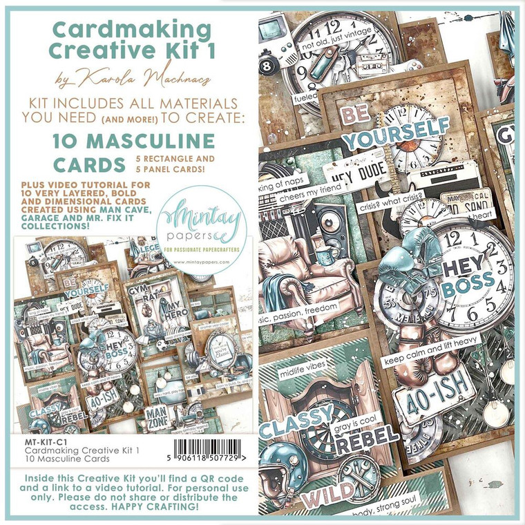 Mintay - Creative Kit 1 Cardmaking 10 Masculine Cards (MT-KIT-C1)

This Creative Kit includes everything you need to create 10 masculine cards for different occasions. The projects are rich, layered and full of character, while still being enjoyable and approachable to make. In the tutorial, Karola shows how to confidently work with large 12 × 12 paper patterns, how easy layering can be, and how delicate paint splashes can add a subtle artistic touch to your cards. Each kit contains all Mintay Papers products needed to complete the projects, and even more. After finishing the cards, you'll still have plenty of materials left for future creations. Acces to tutorial via QR code and link hidden inside the kit - for kit owners only.