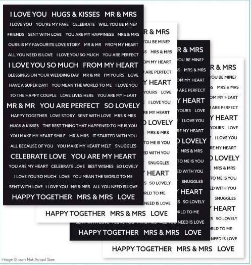 Creative Expressions - Wordies Sentiment Sheets – Love (Pk 4) 6" x 8" (CEW006)

Add a special sentiment to your project quickly and easily with these inspiring sentiment sheets.  Designed to be easily cut apart with scissors or a trimmer so that you can choose the perfect sentiment to add a finishing touch to your artwork!  The pack contains 4 sheets, 2 white on black and 2 black on white.  The sheets are toner printed on 250gsm silk finish card so that they can be foiled to add a metallic effect.  Acid and lignin free.  Made in the UK. 4 sheets.  Size 6 in x 8 in (15 cm x 20.3 cm).