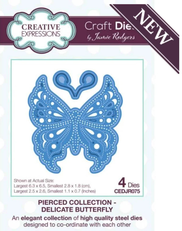 Creative Expressions Delicate Butterfly - Pierced Die By Jamie Rodgers ( CEDJR075)





Designed by Jamie Rodgers for Creative Expressions

Part of the elegant Pierced Collection – perfect for cards, scrapbooks, and mixed media projects

Includes 4 beautifully detailed dies, with the largest measuring 6.3 cm

Features a finely decorated butterfly design to add a touch of elegance and movement to any creation

Ideal for use as a standalone element or paired seamlessly with other dies in the collection

Crafted from high-quality steel for precision cutting and long-lasting durability

A must-have for butterfly lovers and those seeking a graceful finish to their papercraft projects