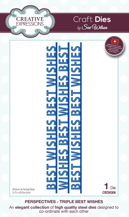 Creative Expressions Sue Wilson-Triple Best Wishes Craft Die ( CED8306)





Creative Expressions – Perspectives Collection Triple Best Wishes by Sue Wilson  

Stunning and elegant premium steel die designed by Sue Wilson

Part of the Perspectives Collection, with dies created to coordinate beautifully

Contains 1 metal die featuring a “Best Wishes” themed design

Size: 3.7 cm x 16 cm (1.5 in x 6.3 in)

Crafted from high-quality steel for precise and clean cuts

Ideal for adding elegant sentiments to cards, scrapbook pages, and other craft projects

Suitable for use with cardstock, paper, vellum, and similar materials