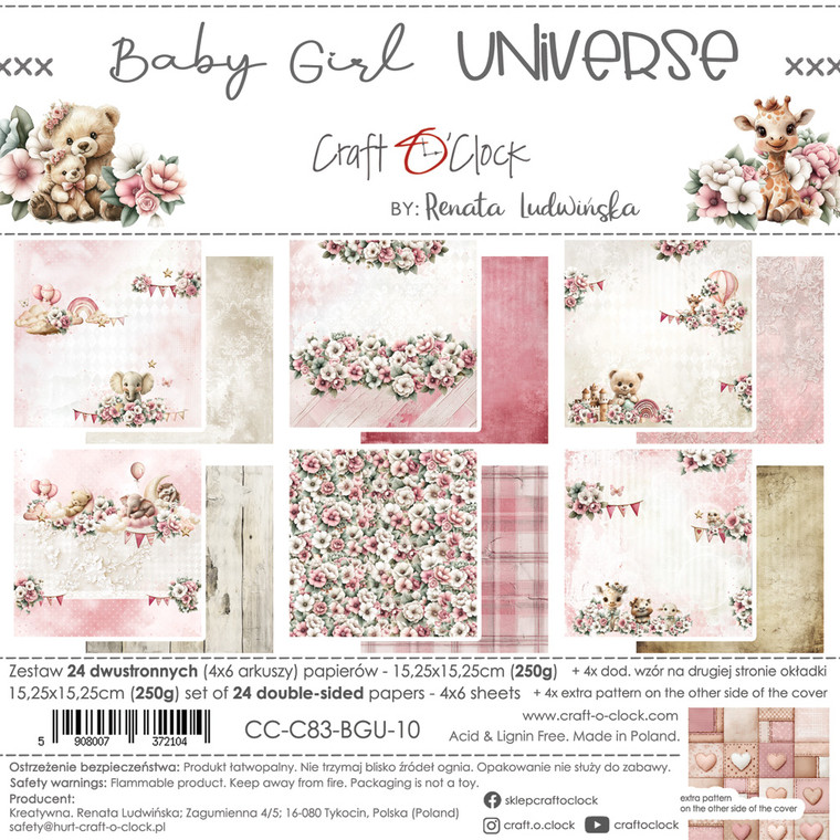 Craft O'Clock - Baby Girl Universe - 6 x 6 Paper Pad (CC-C83-BGU-10)

Pack contains 24 double-sided pages of a high quality scrapbooking paper.  Set of 6 different designs, 4 of each, which are small versions of the larger papers and sheets with extras on back of covers.  Paper Weight: 250g.   Acid and lignin free.