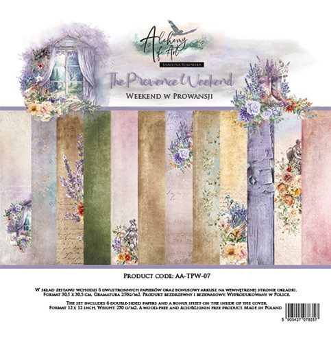 Alchemy of Art - Paper Collection Set - The Provence Weekend - 12" x 12" Scrapbooking Paper Sheets (AA-TPW-07)

Paper Collection Set 30.5x30.5cm, High-quality double-sided scrapbooking paper.  Paper Weight: 250 gsm.  (6 double-sided sheets, 12 designs, bonus design on the inside of the cover)  Wood-free and Acid-free product.  Made in Poland.