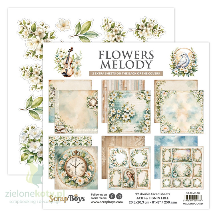 A block of 12 scrapbooking papers from ScrapBoys Flowers Melody collection.  Acid-free, wood-free, paper.  Paper dimensions 8x8 inches (20.3x20.3cm)  Paper Weight: - 250 gsm.  BONUS: two covers with cutting elements, including the back one with double-sided elements.