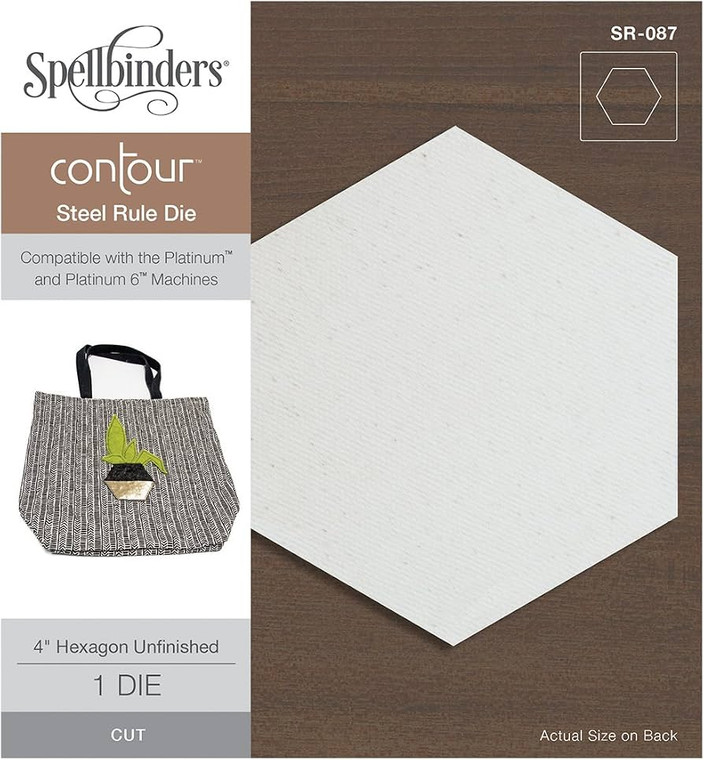 Spellbinders 4" Hexagon Contour Steel Rule Die (SR-087)
Contour Steel Rule Dies add a whole new dimension to your creative projects.
Cut up to eight layers in a single pass when using our Platinum Die Cutting Machine.
Cuts heavy materials like leather, wool and chipboard. Cuts one 4 in hexagon. Approximate Size: 5.50 x 6.0 in.