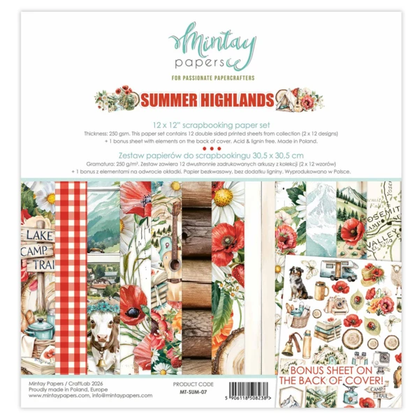 Mintay - Summer Highlands- 12 x 12 (MT-SUM-07))




The set of 12 double-sided (2 x 12 designs) high-quality paper sheets for scrapbooking.




Perfect for creating layouts, albums, greeting cards or invitations.




The bonus of this set is an additional sheet with designs for cutting.




Acid-free and lignin-free.




Size: 12 x 12 inch (30,5 x 30,5 cm).










This pad is printed on 240gsm paper.