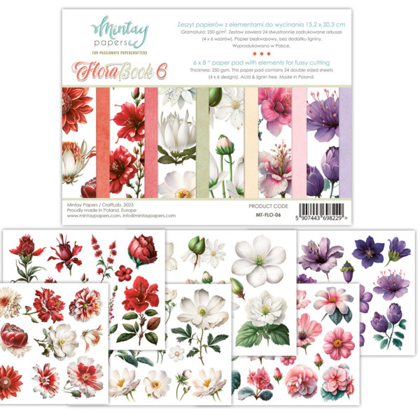 Mintay - Flora Book 6 - Elements for Fussy Cutting - Paper Pad 6" x 8" (MT-FLO-06)

Mintay Papers - 6x8 inch Paper Pad with 4 each of 6 designs, 24 double-sided 240gsm papers.  Designed by Karola Witczak – a well known designer, craft teacher and craft industry consultant, in Poland and abroad. Karola's designs are what characterizes the unique style of the Mintay Papers collections.  Paper Weight: 240gsm.  Perfect for your greeting cards, scrapbook journals, decoupage and many more craft projects.  Acid free. Lignin free.