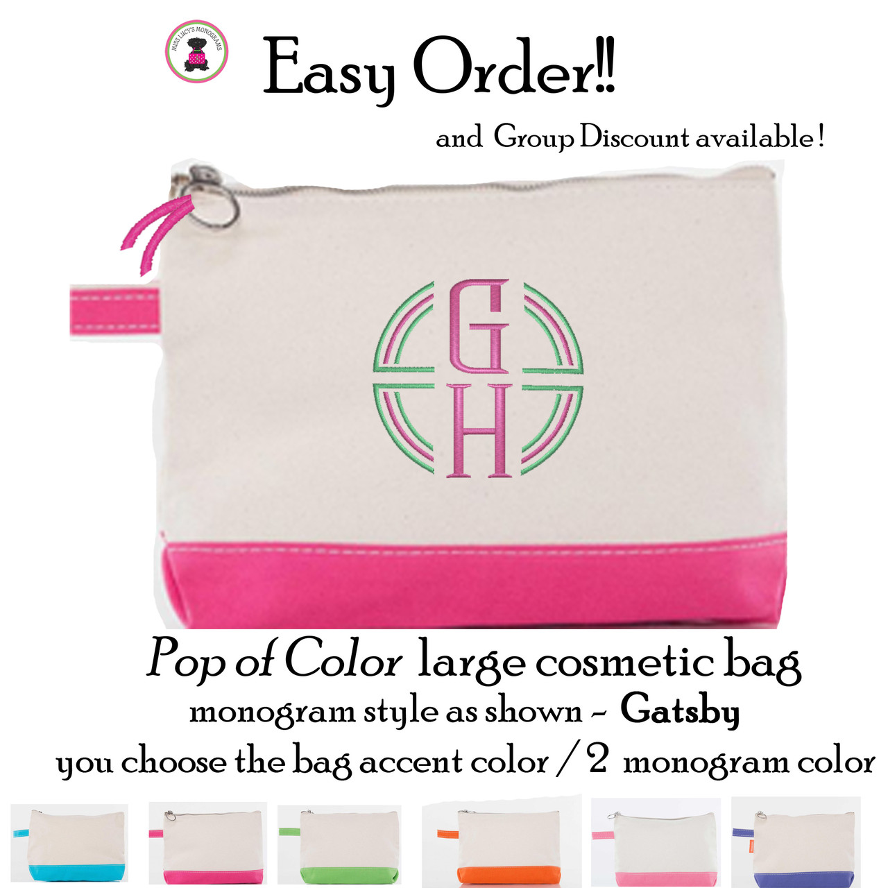 Easy Order Pop of Color Canvas Cosmetic Bag-Gatsby-FREE SHIP/Tween/Summer  Camp/Grad Gift/Gift for Her/Team Gift/Flower Girl