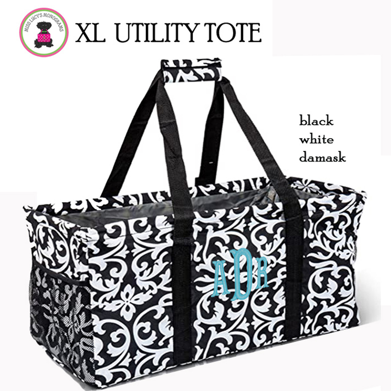 FOR HER Monogrammed XL Utility Tote Trunk Organizer Black and White Damask Folds Flat FREE SHIP Bride Gift Grocery Tote Grad Gift Picnic