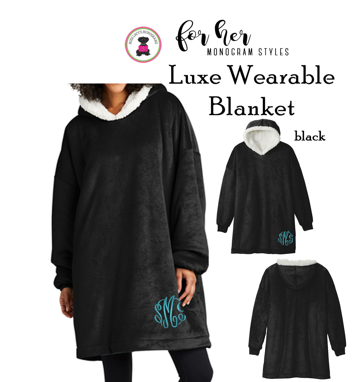 Monogrammed Luxe Wearable Hooded Blanket Poncho Black