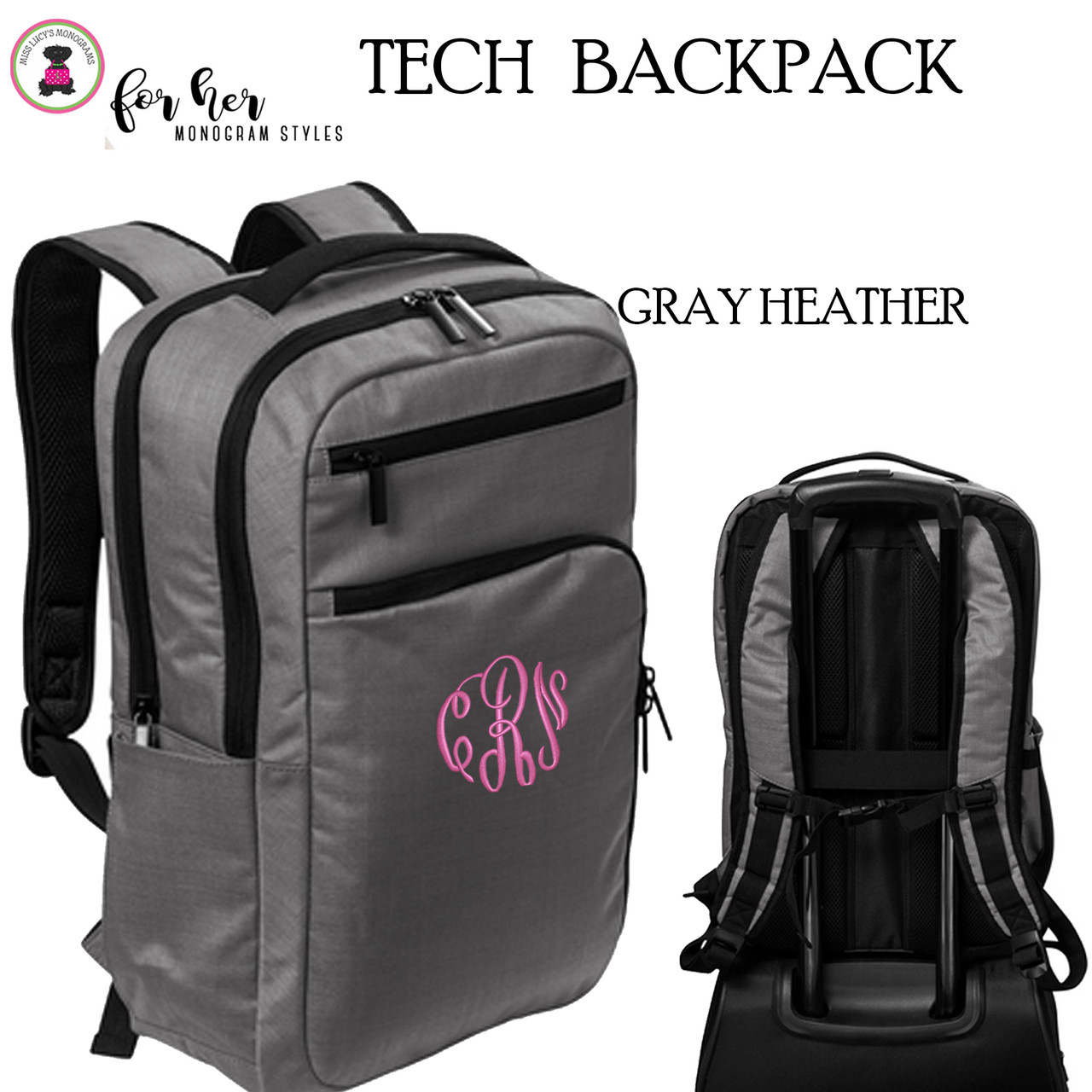 FOR HER Monogrammed TECH Laptop Backpack-GRAY HEATHER -Free Ship-Back to  School/Travel Backpack /College Bag/Grad Gift/ Teacher Gift/Coach Gift