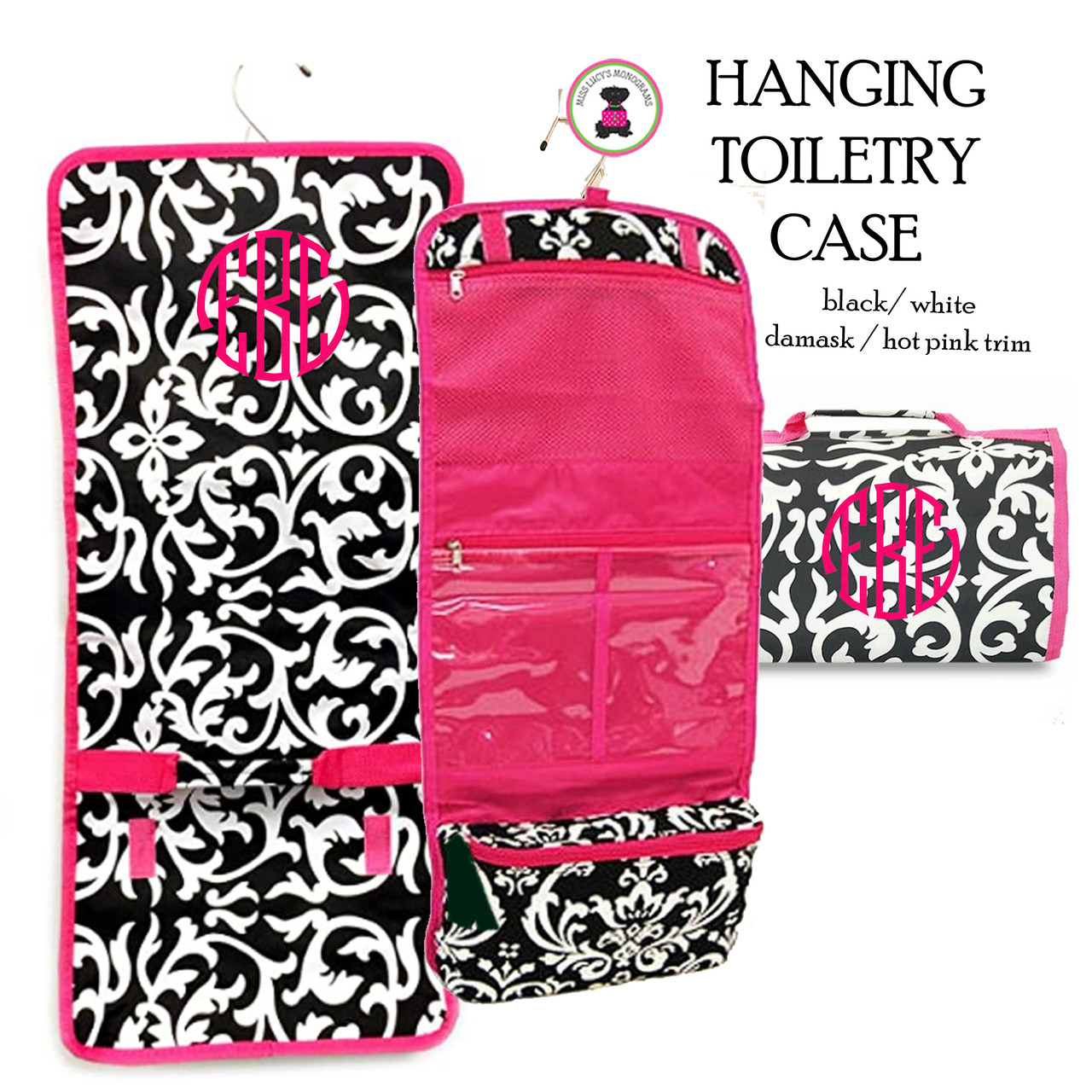 FOR HER Monogrammed Hanging Cosmetic / Toiletry Bag -Black/White w Hot Pink  Trim Damask - FREE SHIPPING//Travel Gift/Grad Gift/Bat Mitzvah/Girl Travel