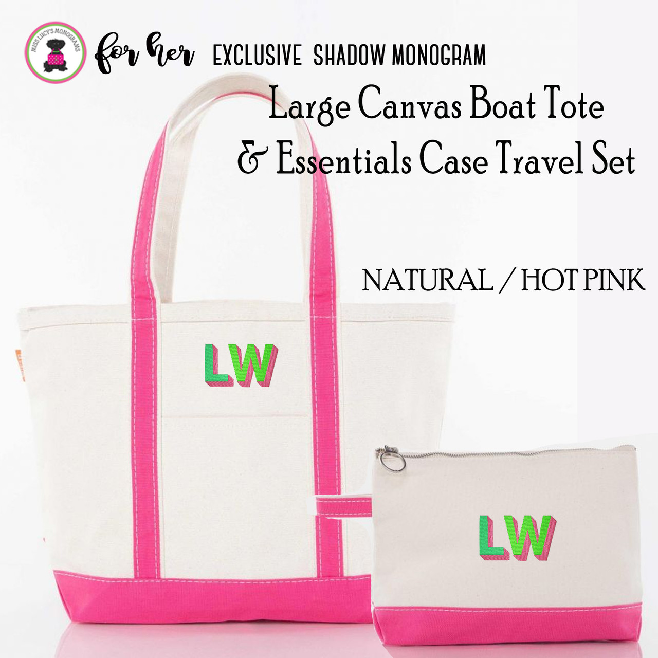 Large HOT PINK Boat Tote & Essentials Case Travel Set w Shadow  Monogram-FREE SHIP/Grad Gift/Bridesmaid Gift/ Bride Gift/Mom Gift/Teacher