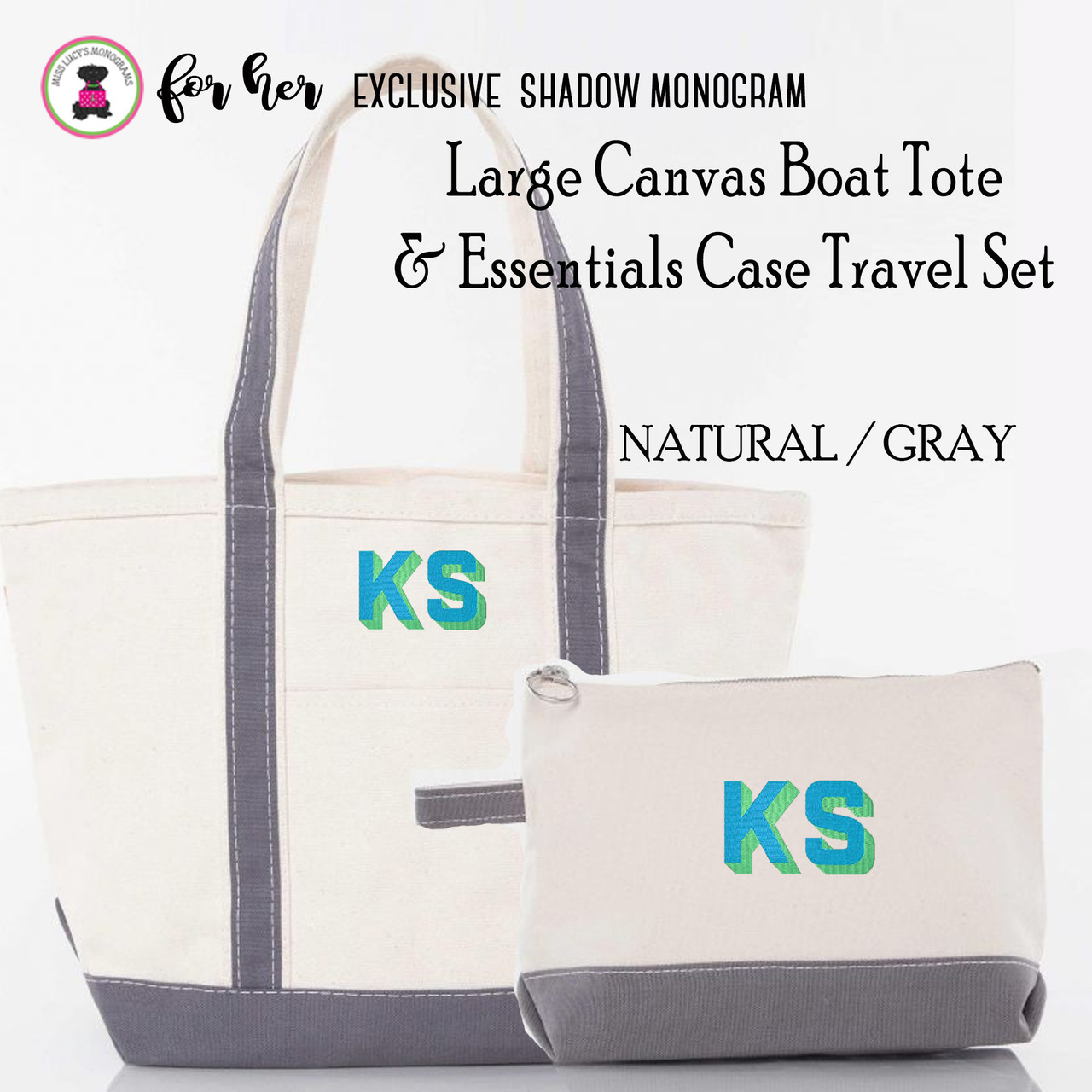 FOR HER Large Natural/Gray Boat Tote & Essentials Case Travel Set w Shadow  Monogram-FREE SHIP/Grad Gift/Bridesmaid Gift/ Bride Gift/Mom Gift/Teacher