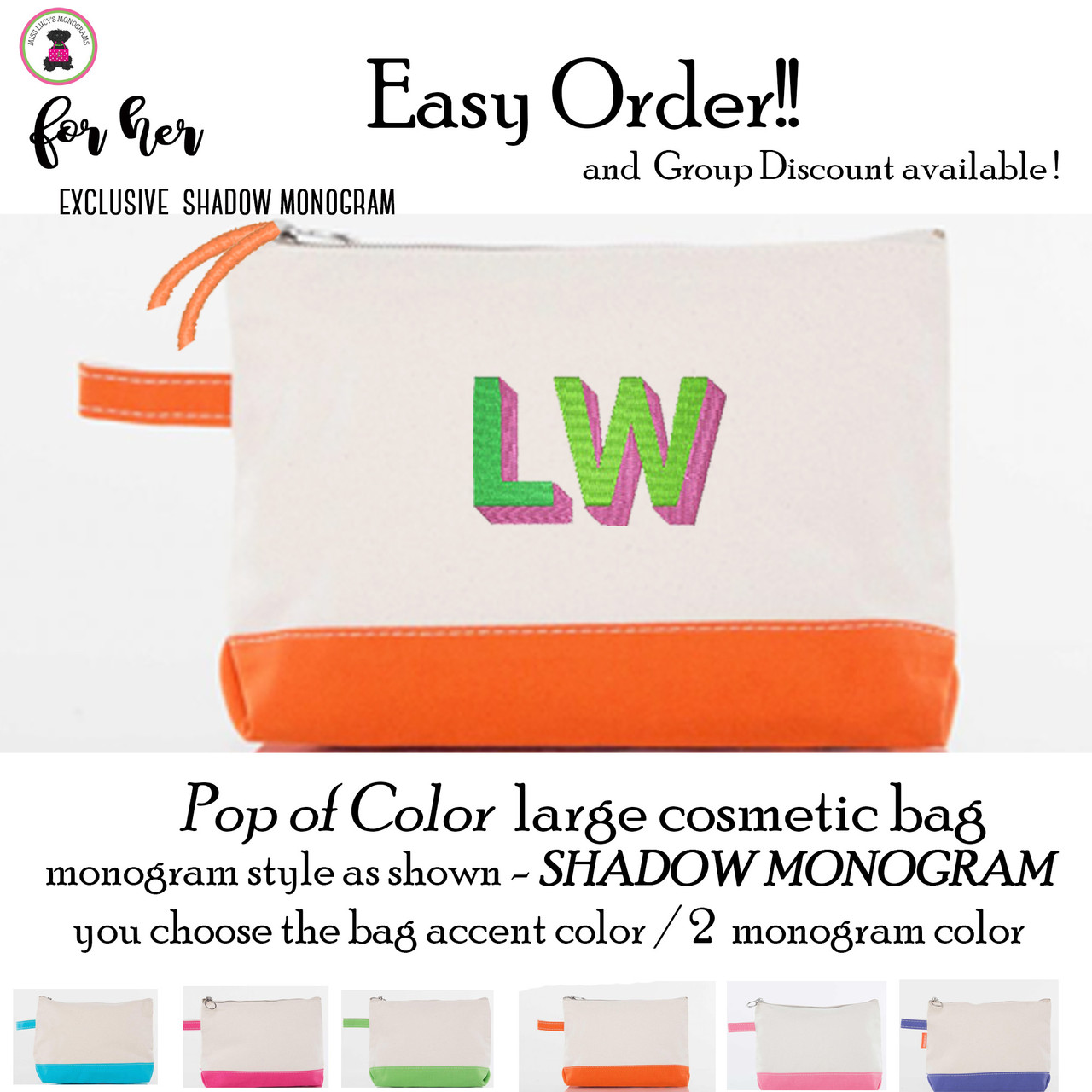 Easy Order Pop of Color Canvas Cosmetic Bag- Shadow Monogram -FREE SHIP  /Bridesmaid Gift/ Grad Gift/Gift for Her/Team Gift/Group Girl Gift Active