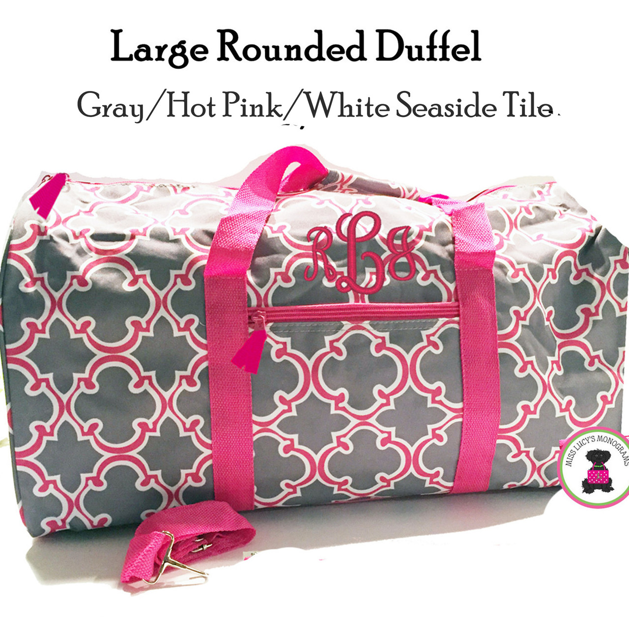 FOR HER Monogrammed Large Canvas Rounded Duffle -Gray/Hot Pink/White  Seaside Tile- FREE SHIP/Tween Gift/Grad Gift/ Travel Set/Gift for Her/Dance