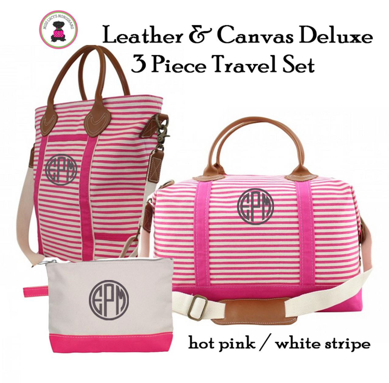 FOR HER Monogrammed Canvas & Leather 3 Piece Travel Trio - Hot Pink / White  Stripe - FREE SHIP/Engagement Gift/Bride and Groom Gift /Bridal Shower  Gift/Just Married/ New Couple Gift/Honeymoon Gift