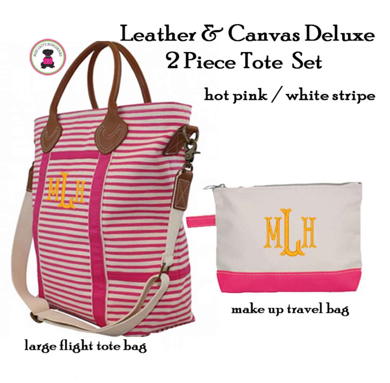 FOR HER Monogrammed Canvas & Leather 2 Piece Travel Tote Set- Hot Pink /  White Stripe - FREE SHIP/Engagement Gift/Bride and Groom Gift /Bridal  Shower Gift/Just Married/ New Couple Gift/Honeymoon Gift