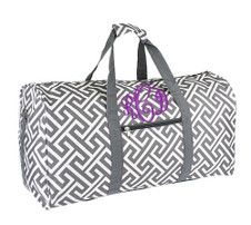 FOR HER Monogrammed Large Canvas Rounded Duffle -  - Greek Key - Gray & White - FREE SHIP/Tween Gift/Grad Gift/ Travel Set/Gift for Her/Dance Bag/Cheer Gift/Bat Mitzvah Gift/Flower Girl Gift 