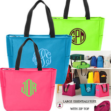 FOR HER Monogrammed ZIP TOP ESSENTIAL TOTE - FREE SHIP/Bridesmaid Gift/Grad Gift/Teacher Gift/Book Bag/ Travel Tote