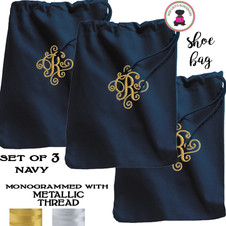 FOR HER METALLIC THREAD Monogrammed Set of 3 Shoe Bags for Travel  - Navy - FREE SHIP  /Bridesmaid Gift/Travel Gift/Grad Gift/Gift for Her/Bridesmaid Proposal Gift/Bride Gift 