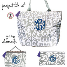 FOR HER Monogrammed Perfect Tote Travel Set - 3 Piece - Gray / White Damask-FREE SHIP/ladies' Travel Set/Gift for Her/Bridesmaid Gift/Flower Girl Gift/Dancer Gift/Grad Gift FOR HER Monogrammed Perfect Tote Travel Set - 3 Piece - Gray / White Damask-FREE SHIP/ladies' Travel Set/Gift for Her/Bridesmaid Gift/Flower Girl Gift/Dancer Gift/Grad Gift