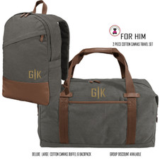 FOR HIM Monogrammed DELUXE LARGE COTTON CANVAS 2 Piece TRAVEL SET-Duffel & Backpack--DARK GRAY - FREE SHIP-Men Travel/Mens Duffel/Groomsmen Gift/Father's Day Gift/Grad Gift /Boy Travel