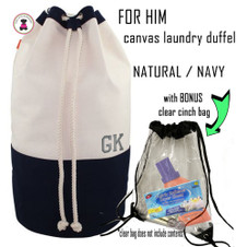 FOR HIM Monogrammed Canvas Deluxe Laundry Drawstring Duffel-Natural/Navy/Free Ship/Men's Travel /Grad Gift/Groomsmen Gift /Father's Day/Laundry Bag