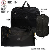 FOR HIM Monogrammed 2 Piece Deluxe Travel Set-Black-XL Boxy Duffel and Garment Bag-Free Ship/Men Group/Groom Gift/Groomsmen Gift/Grad Gift/Men's Travel Gift