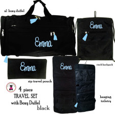FOR HER Monogrammed 4 Piece Travel Set w/ Boxy Duffel -Black - FREE SHIP/ Duffel Travel Set/Gift for Her/Flower Girl Gift/Grad Gift/Tween Gift / Bat Mitzvah Gift /Grad Gift/Dancer Cheer Gift FOR HER Monogrammed 4 Piece Travel Set w/ Boxy Duffel -Black - FREE SHIP/ Duffel Travel Set/Gift for Her/Flower Girl Gift/Grad Gift/Tween Gift / Bat Mitzvah Gift /Grad Gift/Dancer Cheer Gift