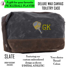 Pickleball Custom Design FOR HIM - 2 Initial Athletic - Deluxe Waxed Canvas Dopp Kit / Toiletry Case- Slate - Free Ship-Pickleball Team Gift/Pickleball Player Gift