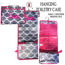FOR HER Monogrammed Hanging Cosmetic / Toiletry  Bag -Gray/White Bristol Tile w Hot Pink Trim -  FREE SHIPPING/Travel Gift/Grad Gift/Bat Mitzvah/Girl Travel Bag /Hanging Toiletry for Travel/Bridesmaid Gift 