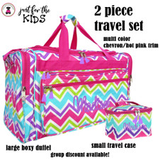 For the Kids - Monogrammed 2 Piece Travel Set - Large Boxy Duffle & Essentials Travel Bag - Multi Color Chevron - FREE SHIP / Tween Gift / Sleepover Set / Gift for Her / Travel Set/Bat Mitzvah/Overnight Travel Set / Flower Girl Gift 
