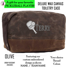 Pickleball Custom Design FOR HIM -Name - Deluxe Waxed Canvas Dopp Kit / Toiletry Case- Olive - Free Ship-Pickleball Team Gift/Pickleball Player Gift