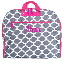 FOR HER Monogrammed Canvas Garment Bag - Gray and White Bristol Tile with Hot Pink Trim  - FREE SHIP/Garment Bag / Monogrammed Garment Travel Bag/Teen Dress Bag/Dress Bag/Dancer Garment Bag /Flower Girl/Bat Mitzvah 