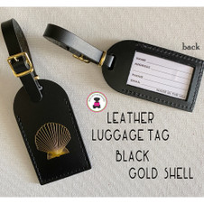 Leather Luggage Tag- BLACK with Gold Shell -Free Ship.Bride Gift.Bridesmaid Gift.Grad Gift.Gift for Her.Hostess Gift.