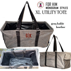  FOR HIM Monogrammed XL Utility Tote-Trunk Organizer- Gray Kakhi Heather- Collapsible-FREE SHIP-Bride Gift-Grocery Tote -Grad Gift-Picnic Tote-Beach Tote-Car organizer-Tailgate Tote