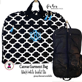 FOR HER Monogrammed Canvas Garment Bag - Black and White Bristol Tile - FREE SHIP/Garment Bag / Monogrammed Garment Travel Bag/Teen Dress Bag/Dress Bag/Dancer Garment Bag /Flower Girl/Bat Mitzvah 