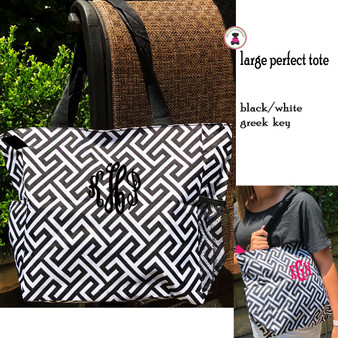 FOR HER Monogrammed  "The Perfect" Large Canvas Tote - Black and White Greek Key - FREE SHIP/Gift for Her/Bridesmaid Gift/Grad Gift/Cheer Gift / Dancer Gift /Mom Tote
