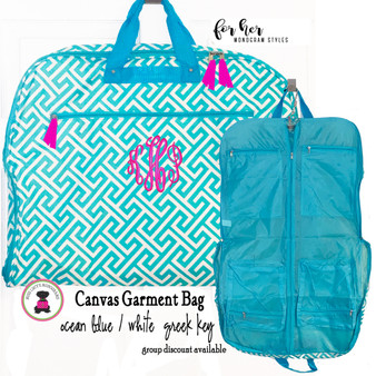 FOR HER Monogrammed Canvas Garment Bag - Ocean Blue & White Greek Key  - FREE SHIP/Garment Bag / Monogrammed Garment Travel Bag/Teen Dress Bag/Dress Bag/Dancer Garment Bag /Flower Girl/Bat Mitzvah  