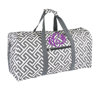 FOR HER Monogrammed Large Canvas Rounded Duffle -  - Greek Key - Gray & White - FREE SHIP/Tween Gift/Grad Gift/ Travel Set/Gift for Her/Dance Bag/Cheer Gift/Bat Mitzvah Gift/Flower Girl Gift 