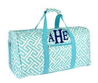 FOR HER Monogrammed Large Canvas Rounded Duffle -Greek Key -Ocean Blue & White-Free Ship/Tween Gift/Grad Gift/ Travel Set/Gift for Her/Dance Bag/Cheer Gift/Bat Mitzvah Gift/Flower Girl Gift
