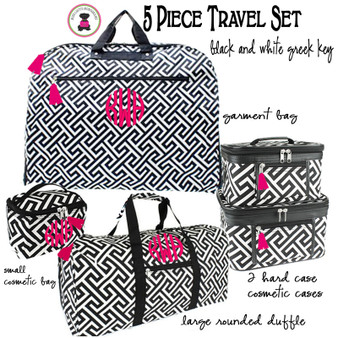 FOR HER Monogrammed 5 Piece Travel Set - Greek Key-Black / White- FREE SHIP /Garment Bag and Duffel Travel Set/Gift for Her/Bridesmaid Gift/Grad Gift