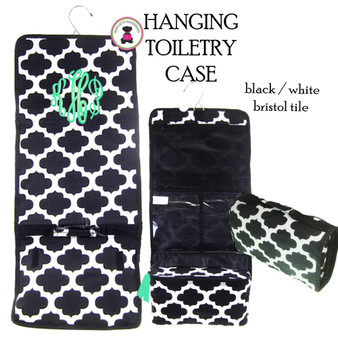 FOR HER Monogrammed Hanging Cosmetic / Toiletry  Bag - Black/White Bristol Tile-FREE SHIPPING/Travel Gift/Grad Gift/Bat Mitzvah/Girl Travel Bag /Hanging Toiletry for Travel 