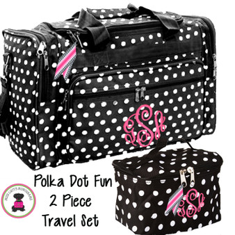 Monogrammed 2 Piece Travel Set - Large Boxy Duffle & Essentials Travel Bag - Polka Dot Fun - FREE SHIP / Tween Gift / Sleepover Set / Gift for Her / Travel Set