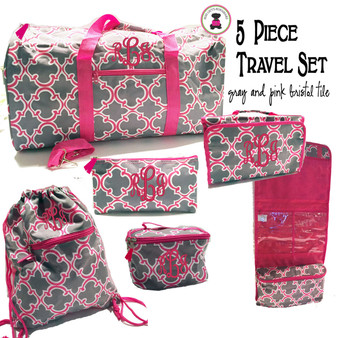 FOR HER Monogrammed 5 Piece Travel Set - Gray & Pink Bristol Tile - FREE SHIP/ Duffel Travel Set/Gift for Her/Flower Girl  Gift/Grad Gift/Tween Gift / Bar Mitzvah Gift