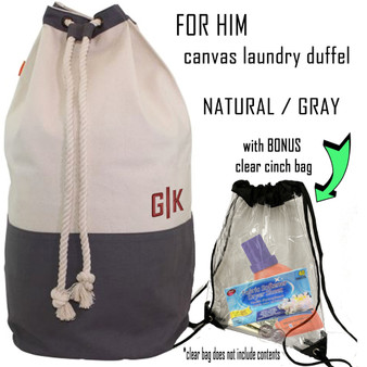 FOR HIM Monogrammed Canvas Deluxe Laundry Drawstring Duffel-Natural/Gray /Free Ship/Men's Travel /Grad Gift/Groomsmen Gift /Father's Day/Laundry Bag