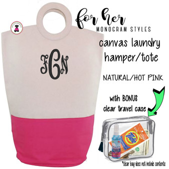  FOR HER Monogrammed Circle Handle Canvas Deluxe Laundry Bag -Natural/HOT PINK /Free Ship/Ladies' Travel /Grad Gift/Gift for Her/Laundry Bag