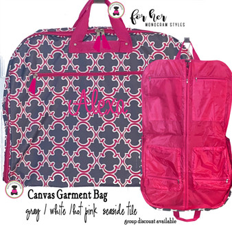 FOR HER Monogrammed Canvas Garment Bag - Pink/Gray / Seaside Tile - FREE SHIP/Group Discount/Gift for Her/Suit Garment/Grad Gift/Cheer Gift / Dancer Gift  